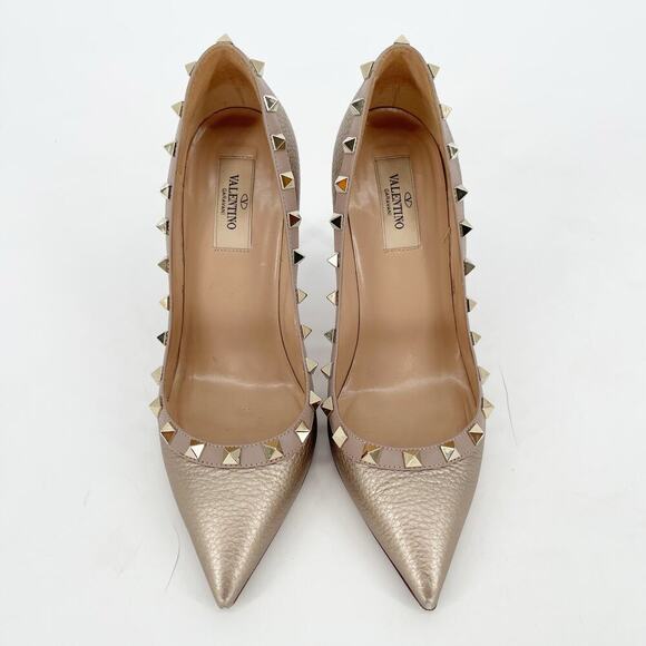 Valentino Garavani Metallic Gold Pebbled Leather Rockstud Pointed Toe Pump EU 37 - Picture 5 of 11